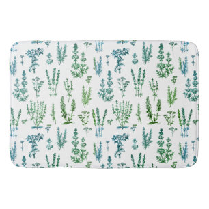 Elegant Blue Green Herbal Garden Pattern Bath Mat