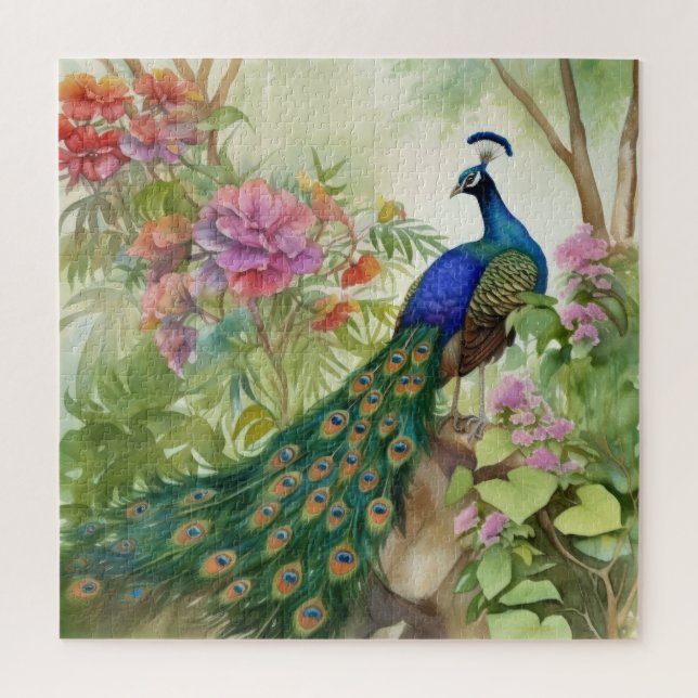 Elegant Blue Green Peacock Pink Flowers Forest Jigsaw Puzzle (Vertical)