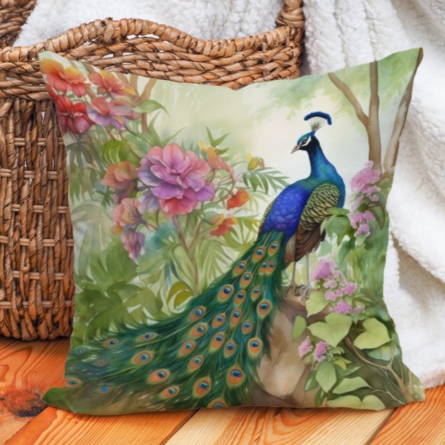 Elegant Blue Green Peacock Pink Flowers Forest Throw Pillow (Elegant blue and teal peacock decorator pillow)