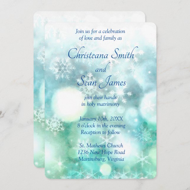 Elegant Blue Green Sparkling Snowflake Watercolor Invitation (Front/Back)
