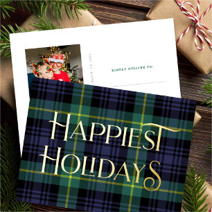 Elegant Blue Green Tartan Christmas Photo Silver Foil Holiday Postcard