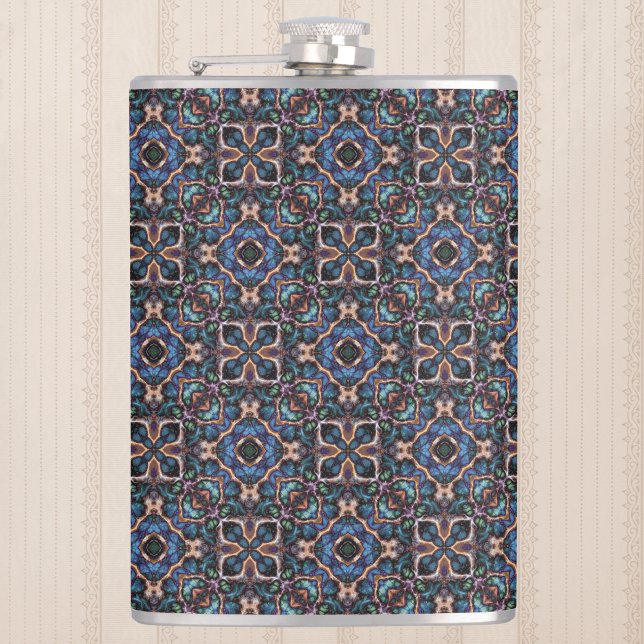 Elegant Blue Green Teal Copper Geometric Pattern Hip Flask (Creator Uploaded)