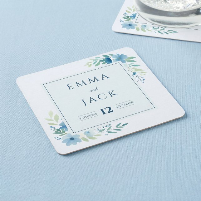 Elegant blue greenery names and date wedding square paper coaster (Elegant blue greenery names and date wedding square paper coaster.)