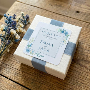 Elegant blue greenery names wedding square sticker