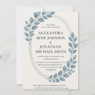 Elegant Blue Greenery & Silver Oval Modern Invitation