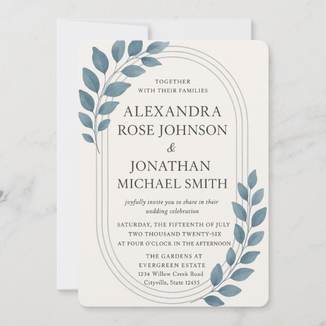 Elegant Blue Greenery & Silver Oval Wedding Invitation (Front)