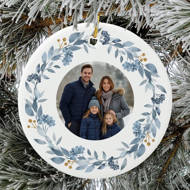 Elegant Blue Greenery Wreath Ceramic Ornament (Creator Uploaded)