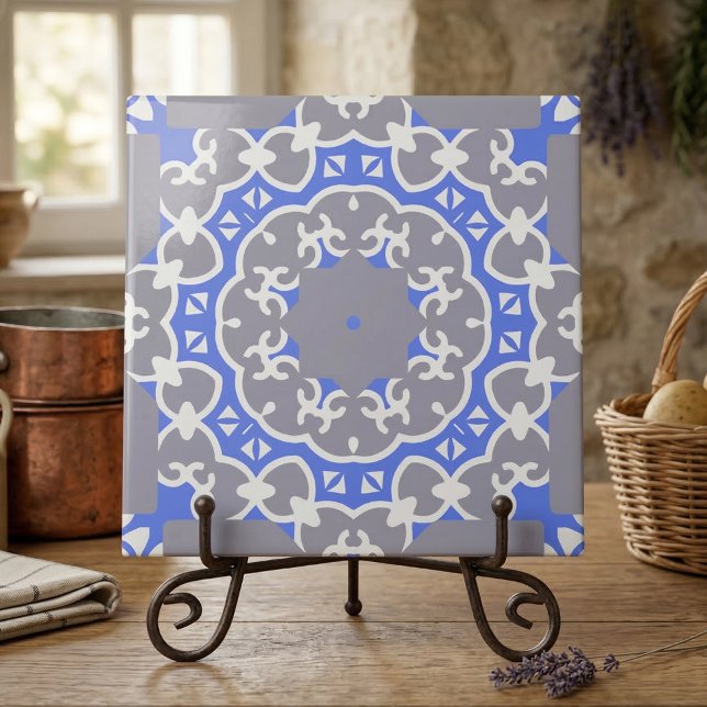 Elegant Blue Grey and White Classy Damask Pattern  Tile (Creator Uploaded)
