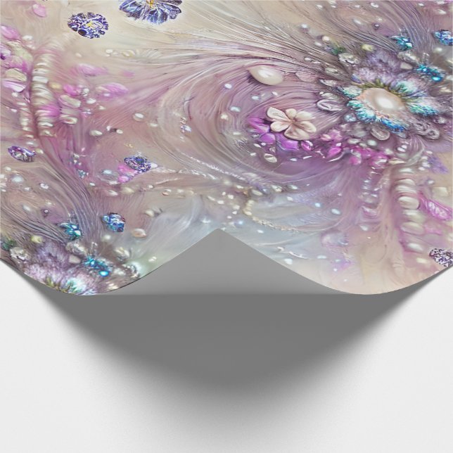 Elegant Blue, Grey, Feathers, Beads, Pearls, Light Wrapping Paper (Corner)