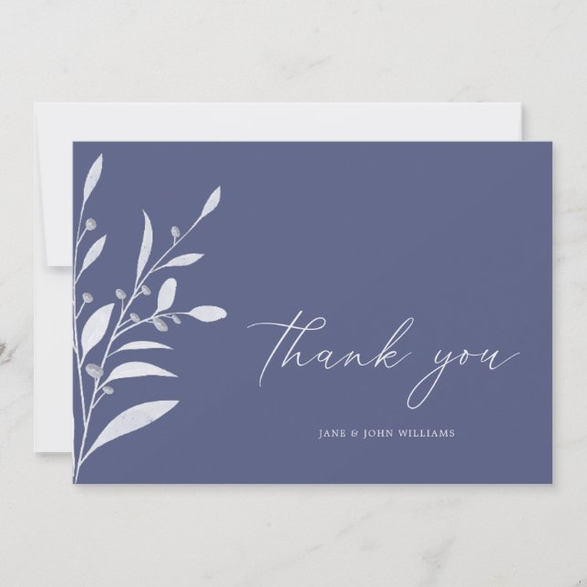 Elegant Blue Grey Foliage Wedding Thank You Card (Front)