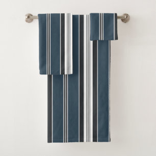 Elegant Blue Grey French Ticking Stripe Bath Towel Set