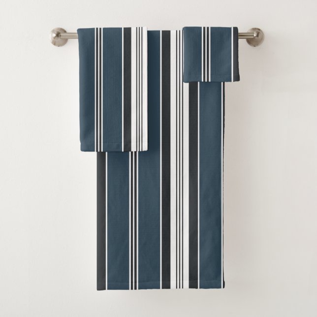 Elegant Blue Grey French Ticking Stripe Bath Towel Set (Insitu)