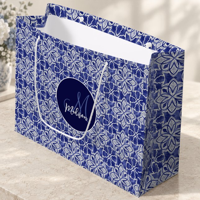 Elegant Blue Grey Geometric Initial Monogram Large Gift Bag (Creator Uploaded)