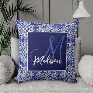 Elegant Blue Grey Geometric Initial Monogram Throw Pillow