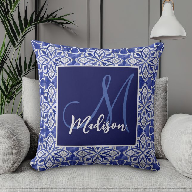 Elegant Blue Grey Geometric Initial Monogram Throw Pillow (Creator Uploaded)