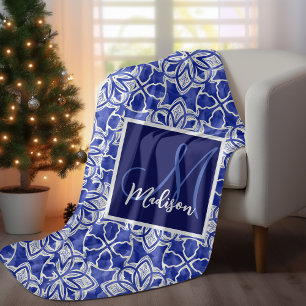 Elegant blue grey geometric seamless monogram fleece blanket