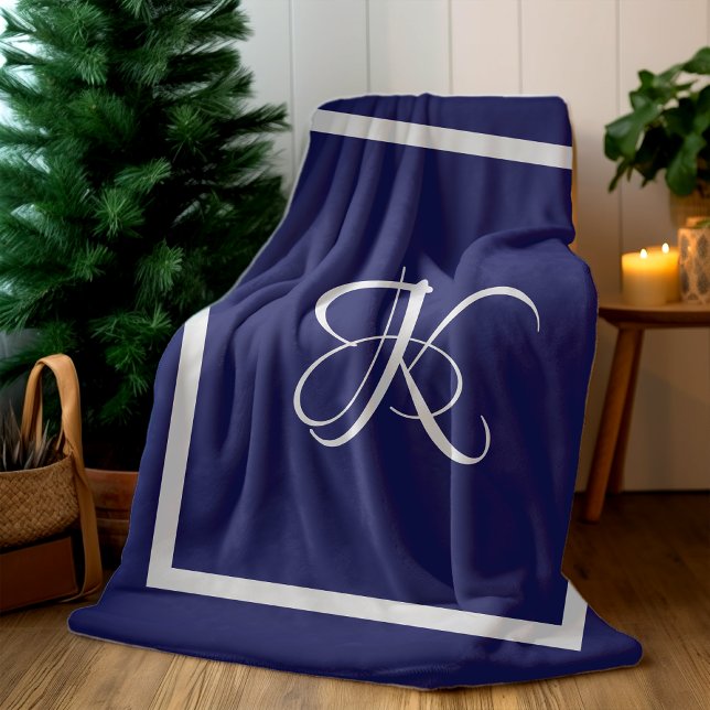 Elegant blue grey initial monogram fleece blanket (Creator Uploaded)