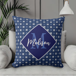 Elegant Blue Grey Initial Monogram Gift Throw Pillow