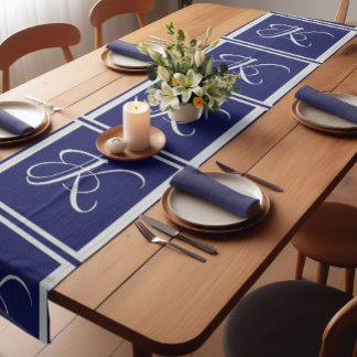 Elegant blue grey initial monogram short table runner