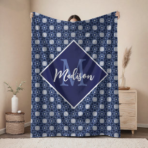 Elegant blue grey initial monogrammed fleece blanket
