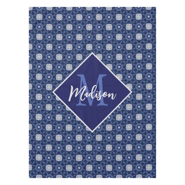 Elegant blue grey initial monogrammed  tablecloth (Front)