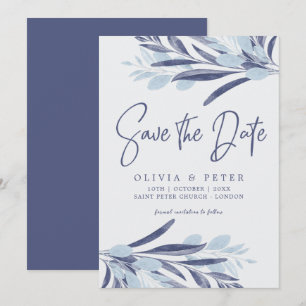 Elegant Blue Grey Leaves Botanical Wedding  Save The Date