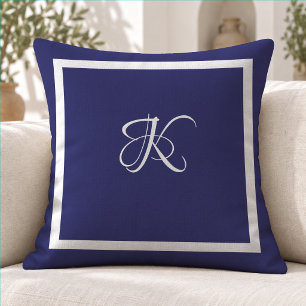 Elegant Blue Grey Minimalist Initial Monogram Throw Pillow