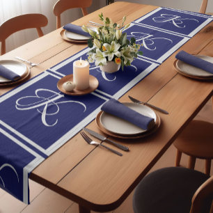 Elegant Blue Grey Monogram Initial Short Table Runner