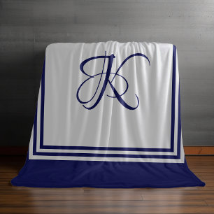 Elegant blue grey square pattern initial monogram fleece blanket