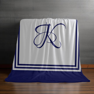 Elegant blue grey square pattern initial monogram fleece blanket
