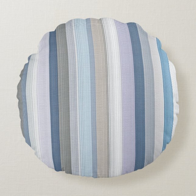 Elegant Blue Grey Vertical Stripes Pattern Round Pillow (Front)
