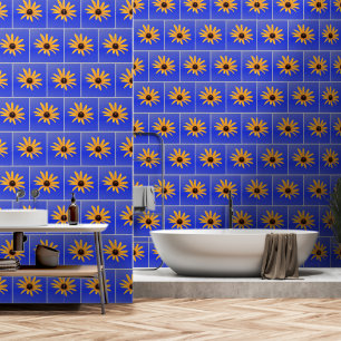 Elegant Blue Grey Yellow Flowers Squared Tiles Wallpaper