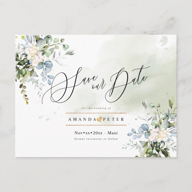 Elegant Blue Gum Foliage Save the Date Postcard (Front)