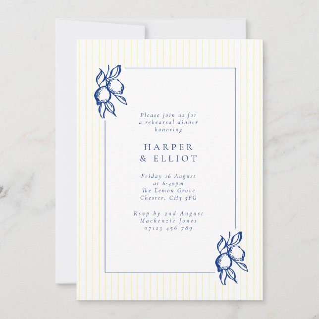 Elegant Blue Hand Drawn Lemon Rehearsal Dinner Invitation (Front)