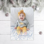 Elegant Blue Hand Lettered Happy Hanukkah Photo Holiday Card<br><div class="desc">Hand Lettered "Happy Hanukkah" over photo with optional patterned backer with text.  Add your own photo to the back if desired.</div>
