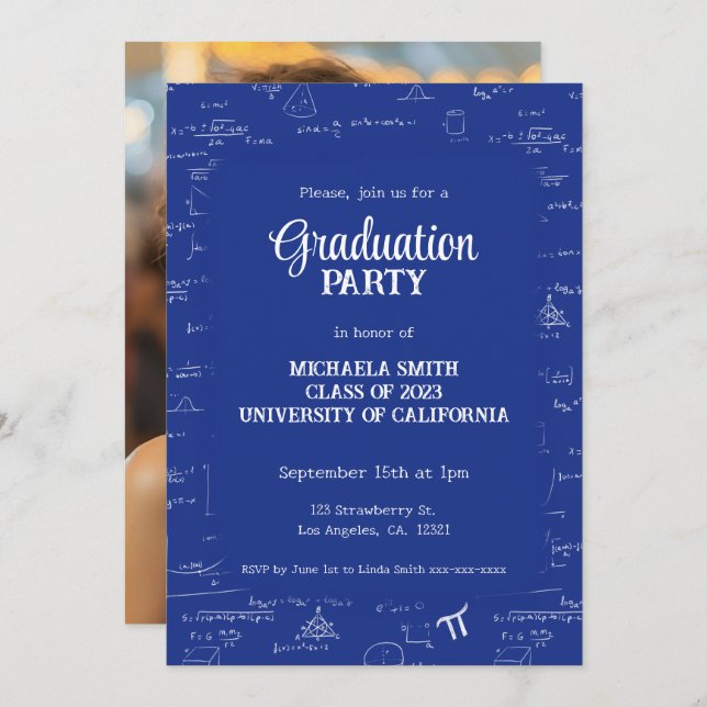 Elegant Blue Hand-Lettering Photo Math Graduation Invitation (Front/Back)