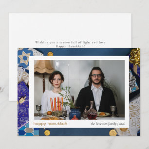 Elegant Blue Happy Hanukkah Family 1 Photo Holiday Card