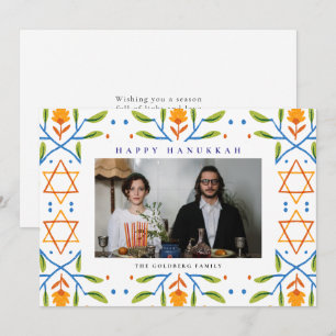 Elegant Blue Happy Hanukkah Family 1 Photo Holiday Card