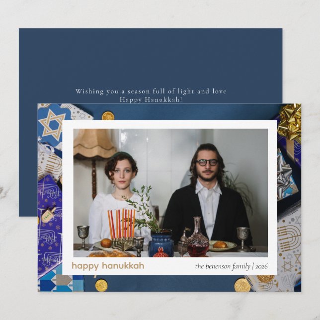 Elegant Blue Happy Hanukkah Family 1 Photo Holiday Card (Front/Back)