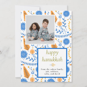 Elegant blue Happy Hanukkah Family 1 Photo Holiday Card