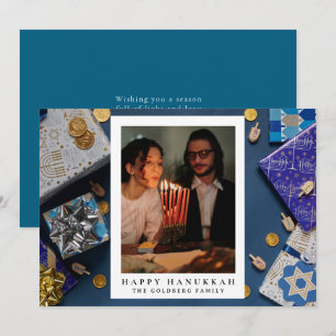 Elegant Blue Happy Hanukkah Family 1 Photo Holiday Card