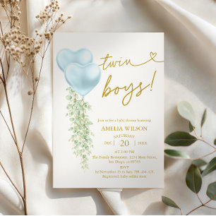 Elegant Blue Heart Balloons Twin Boys Baby Shower Invitation