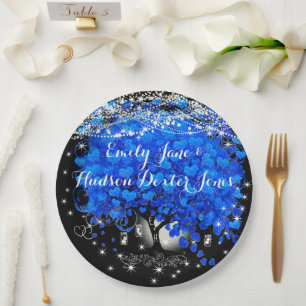Elegant Blue Heart Leaf Tree Wedding  Paper Plate