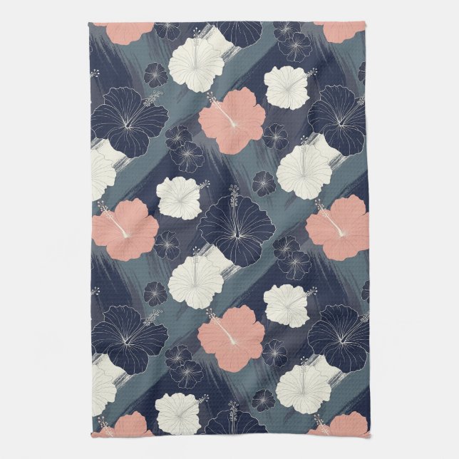 Elegant Blue Hibiscus Floral Pattern (10) Kitchen Towel (Vertical)