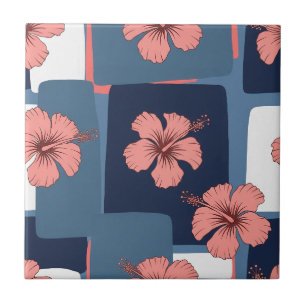 Elegant Blue Hibiscus Floral Pattern (11) Tile