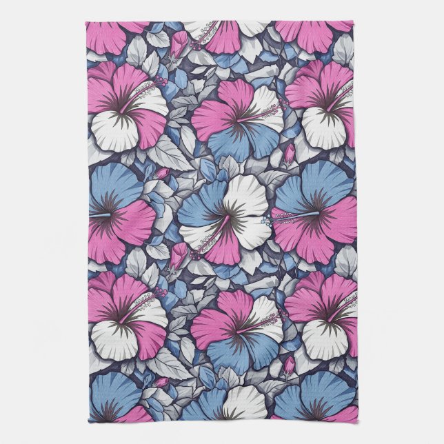 Elegant Blue Hibiscus Floral Pattern (12) Kitchen Towel (Vertical)