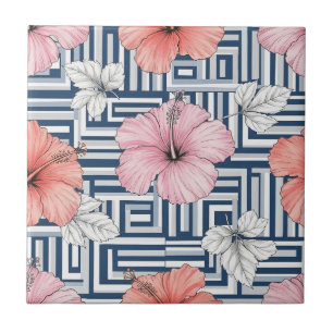 Elegant Blue Hibiscus Floral Pattern (12) Tile