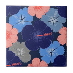Elegant Blue Hibiscus Floral Pattern (13) Tile