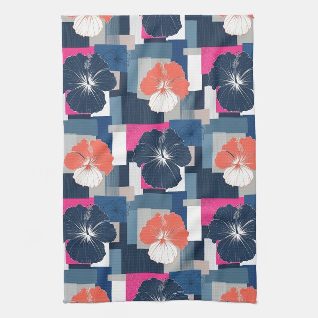 Elegant Blue Hibiscus Floral Pattern (1) Kitchen Towel (Vertical)