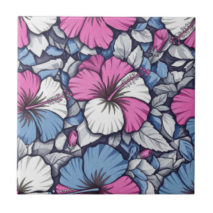 Elegant Blue Hibiscus Floral Pattern (1) Tile